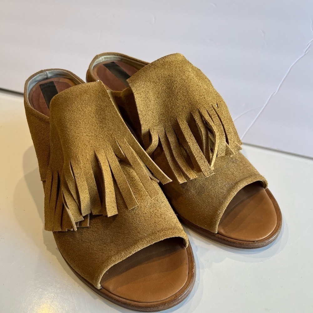 Tan Suede Fringe Mules